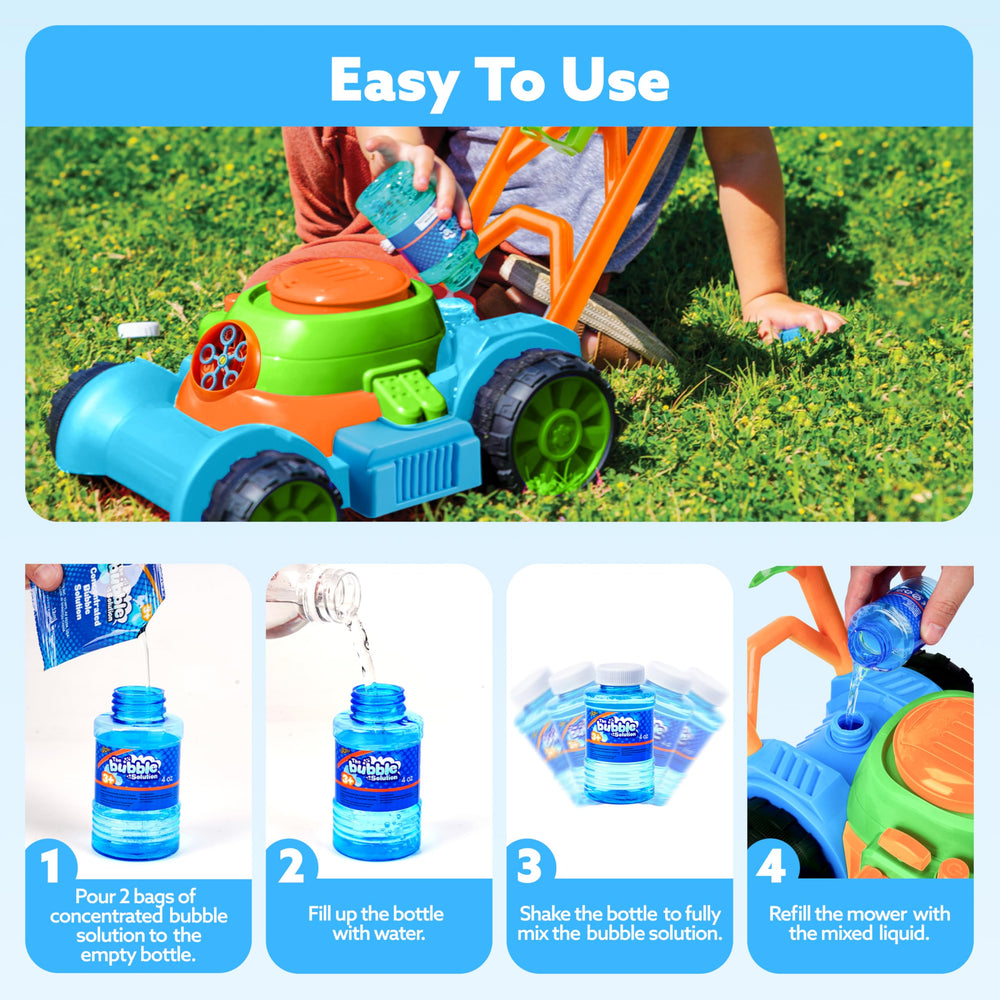 Sloosh Bubble Lawn Mower uses non-toxic materials for safe play.