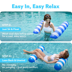 SLOOSH blue strip hammock pool float in use offering hammock and lounge versatility