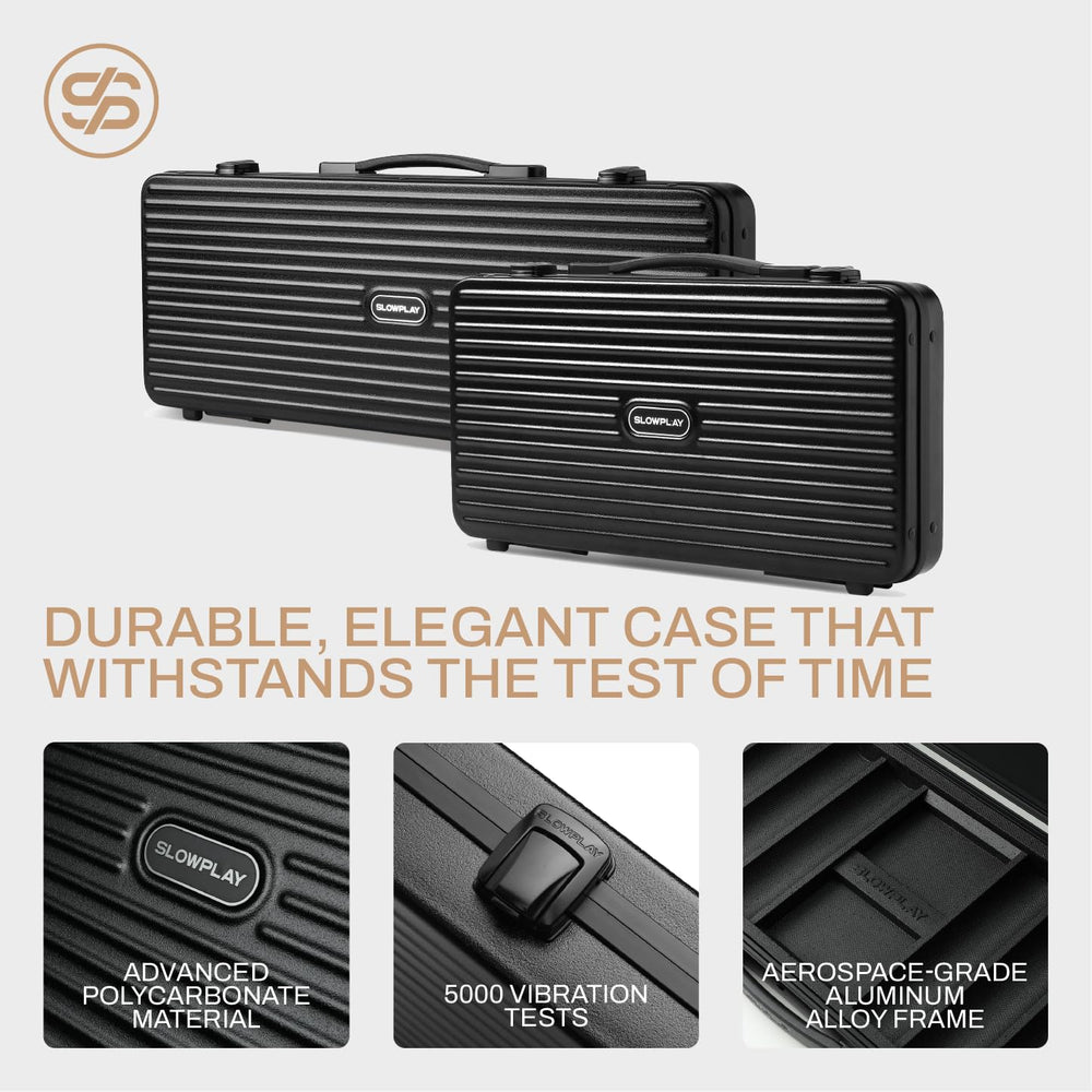 SLOWPLAY carrying case with polycarbonate shell protects the set.