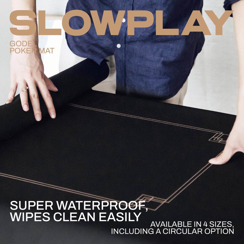 Slowplay Godel mat's water-repellent surface protects against spills during game night.