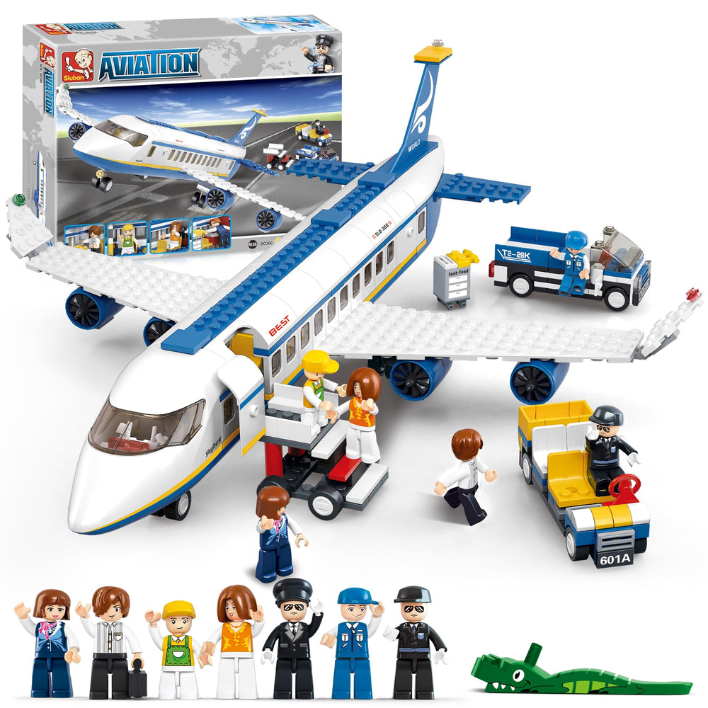 Sluban City Passenger Airplane shows a large plane with accessible cockpit for imaginative play.