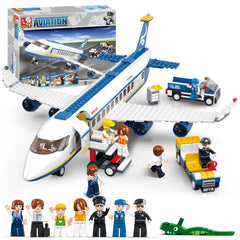 Sluban City Passenger Airplane shows a large plane with accessible cockpit for imaginative play.