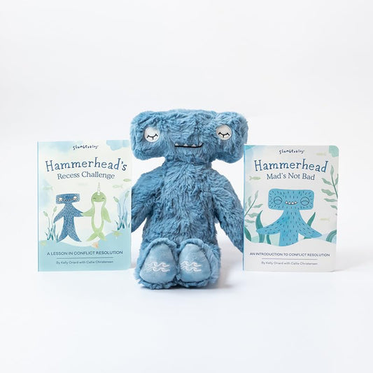 Slumberkins Hammerhead Kin plush closeup, ultra-soft minky fabric for cozy snuggles.