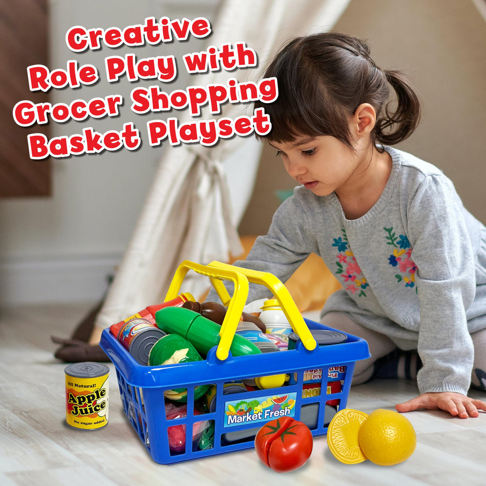 Small World Toys basket with boxes and bottles supports creative play.