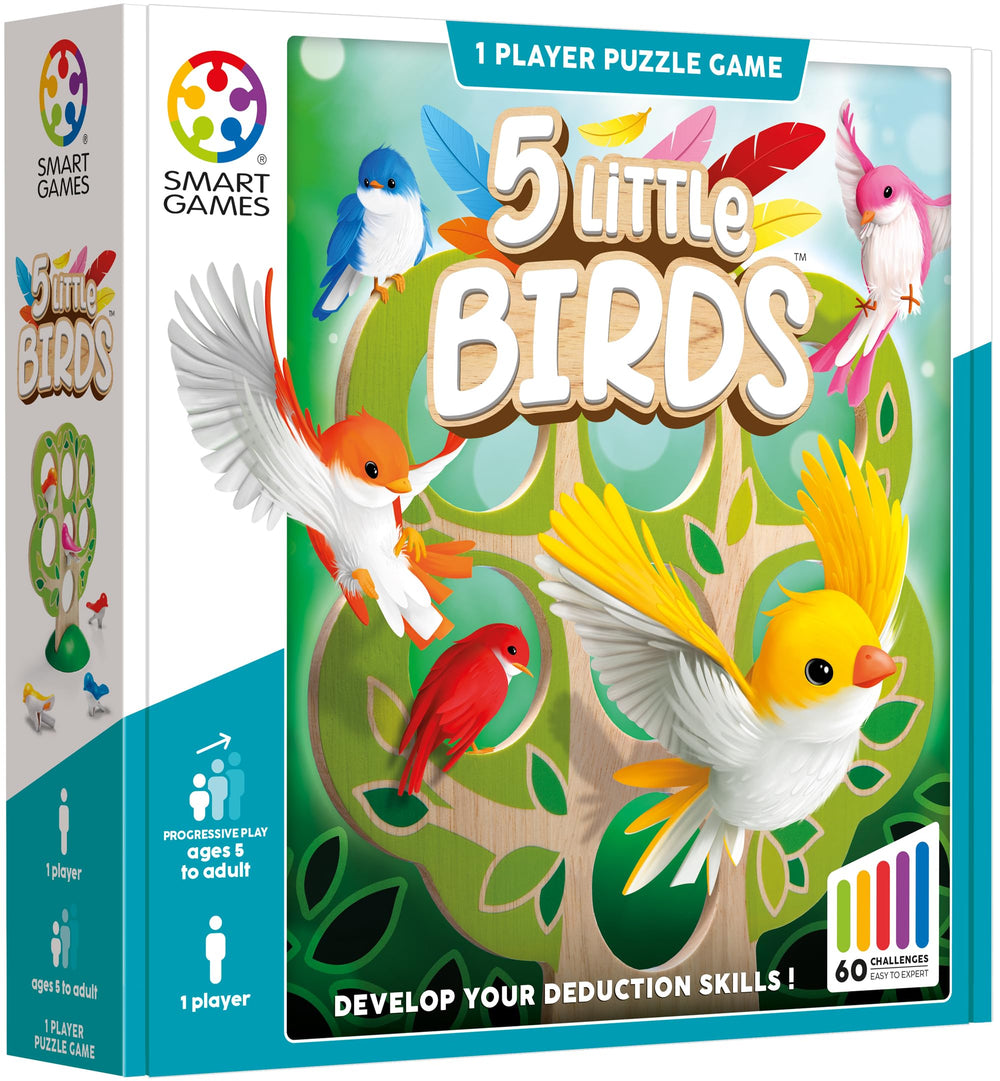 SmartGames 5 Little Birds challenge booklet shows progressive levels for growing skills.