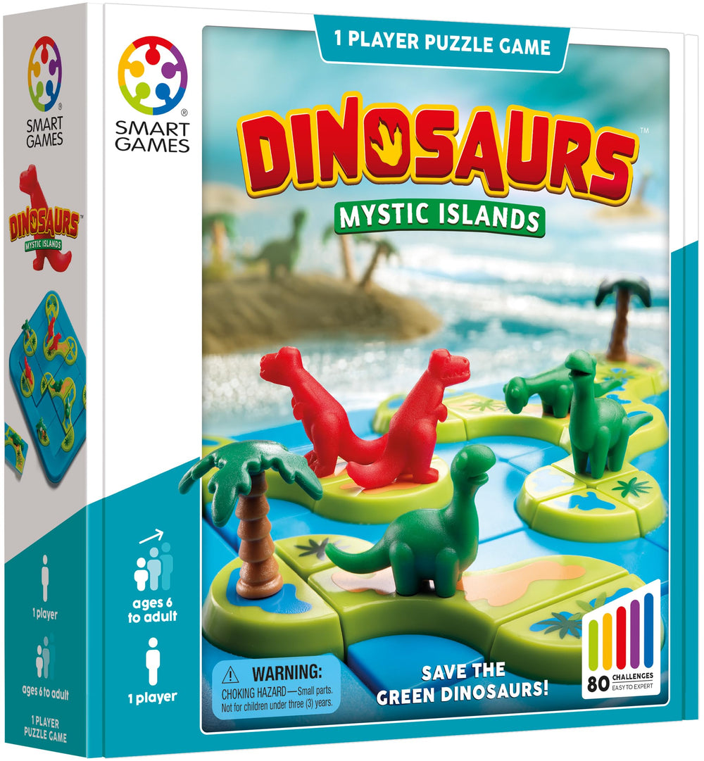 SmartGames Dinosaurs Mystic Islands island pieces layout encourages careful setup and spatial reasoning.