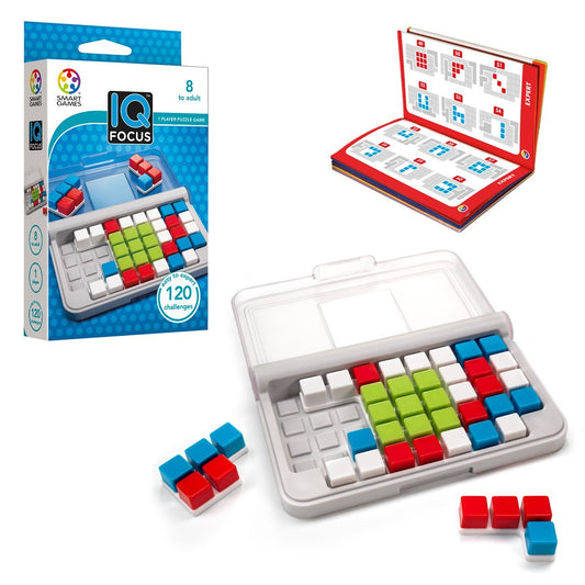 SmartGames IQ Focus compact case showing travel-friendly design for on the go brain teasers.