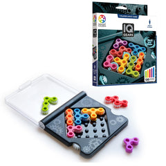 SmartGames IQ Gears travel board setup for on-the-go brain training and pocket-friendly play.