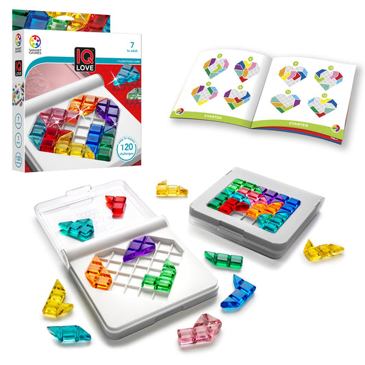 SmartGames IQ Love travel case showing a neatly packed puzzle set for on-the-go focus.