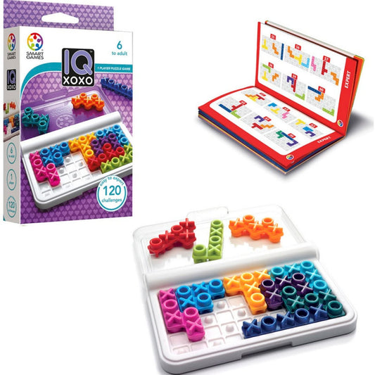 SmartGames IQ XOXO board layout with colorful pieces for solo logic play