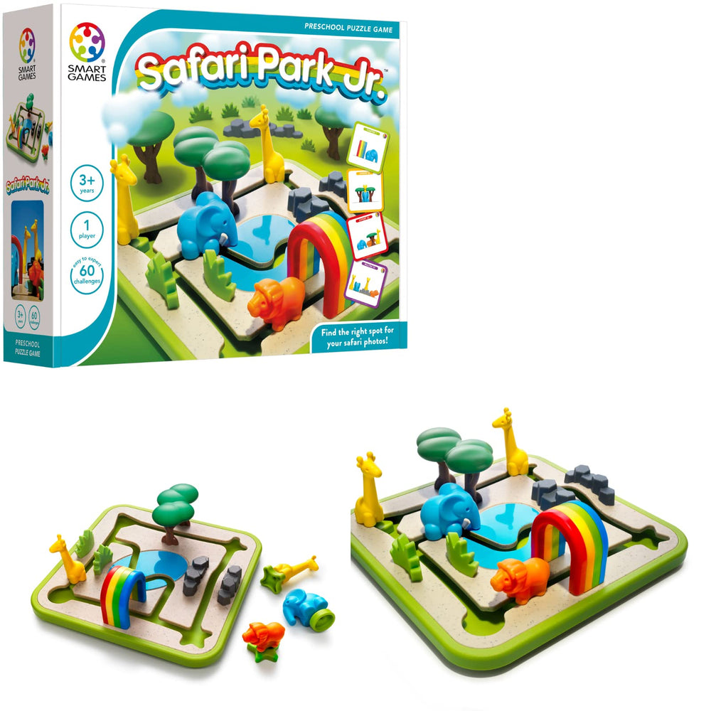 SmartGames Safari Park Jr puzzle board with animal pieces boosts early logic skills.