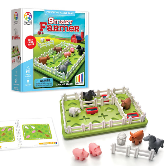 SmartGames Smart Farmer board and fences support logical planning for kids.