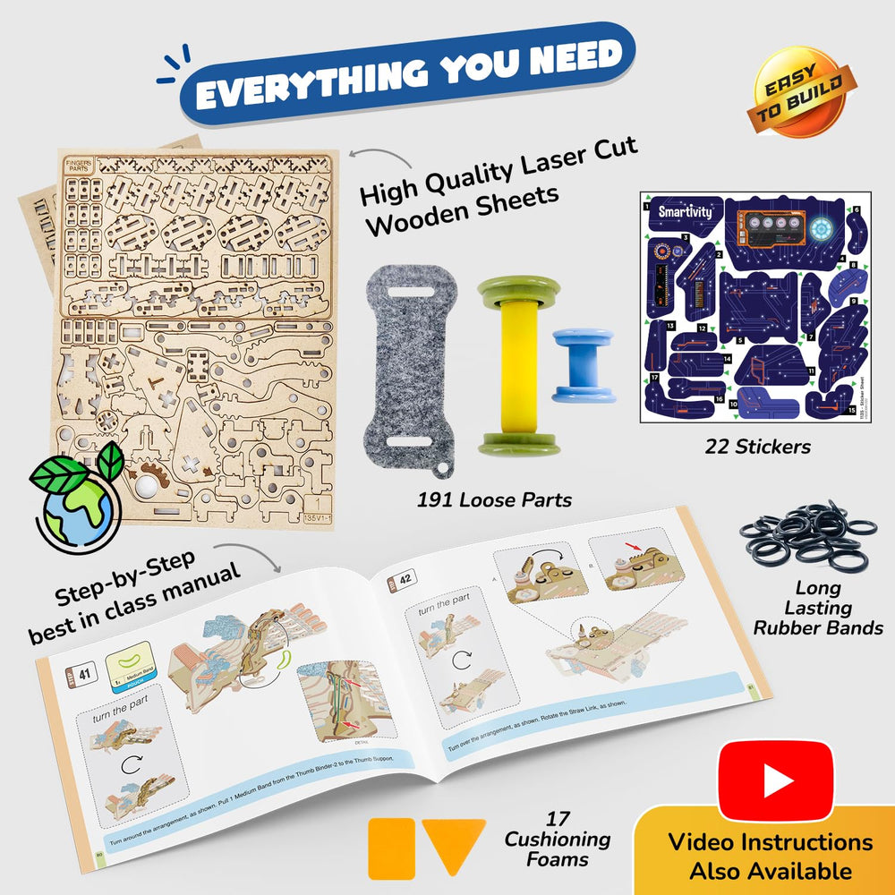 Smartivity DIY robotic hand wood materials emphasize safe, durable engineering play.