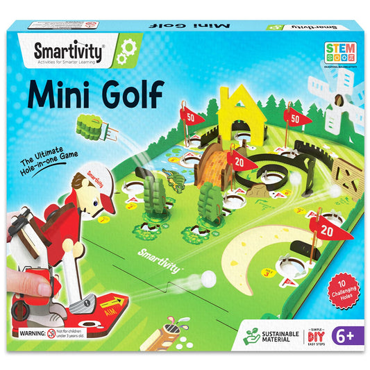 Smartivity Mini Golf table top set on a table, compact and ready for play.