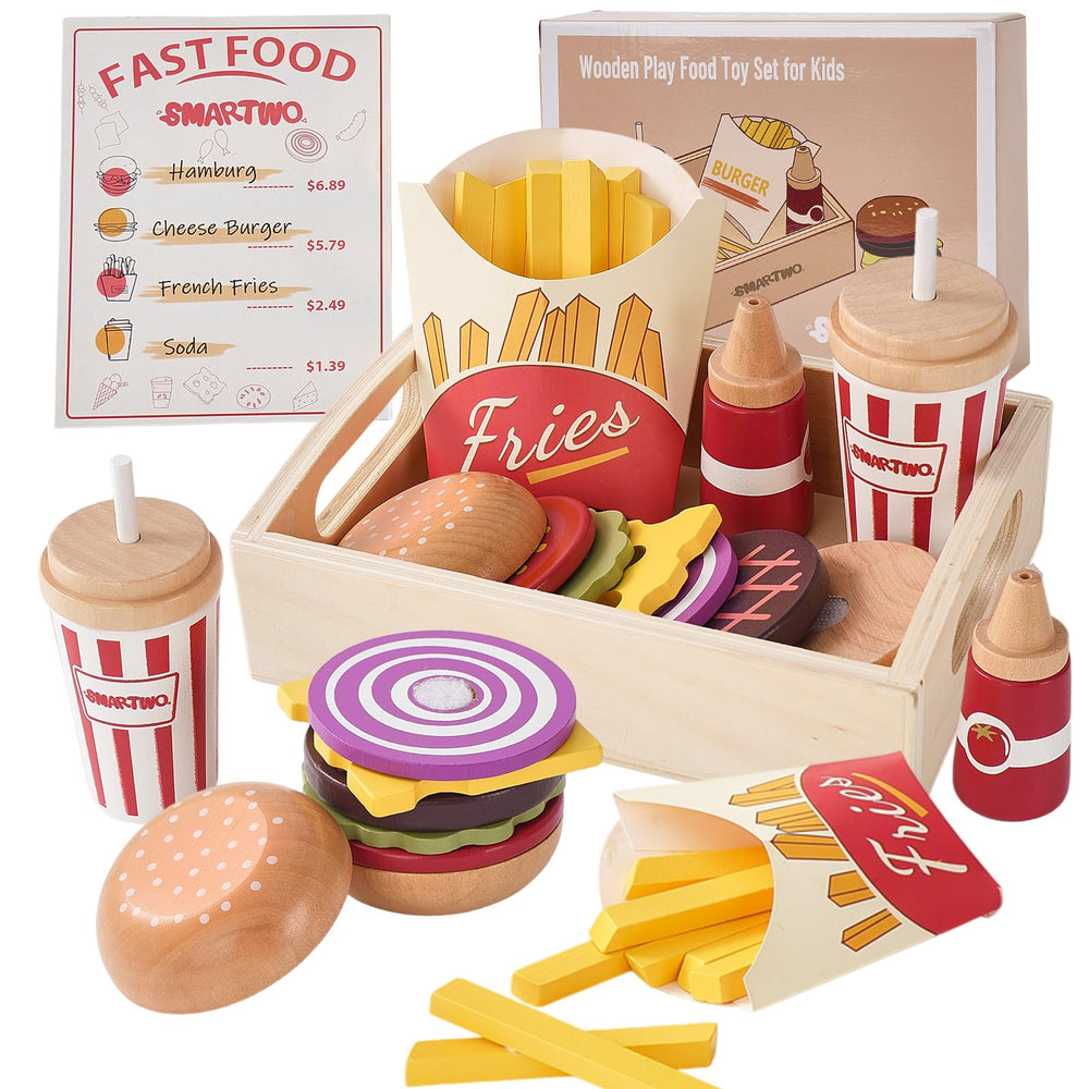 Smartwo wooden hamburger set cover image shows durable, kid-friendly play food for creative pretend meals