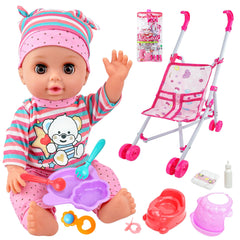 SMILESSKIDDO 14-inch doll with stroller for nurturing pretend play.