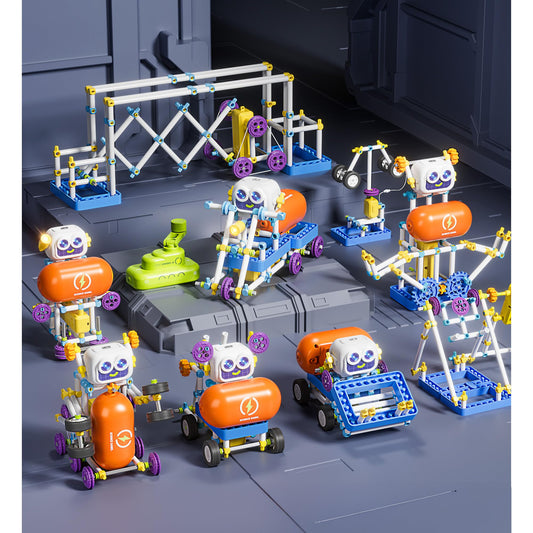 SMILESSKIDDO 50-in-1 robot kit assembly shows kids building diverse models for STEM fun.