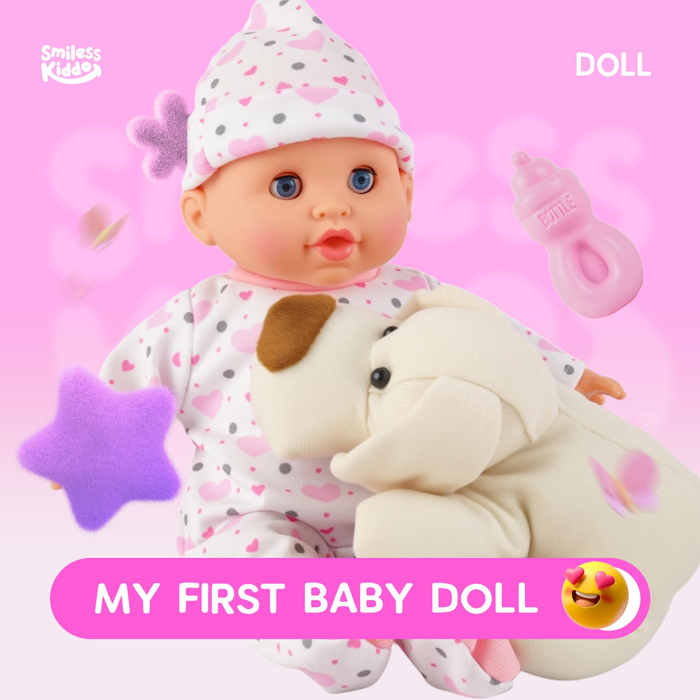SmilessKIDDO accessories include diaper, bottle, and pacifier for role-play.