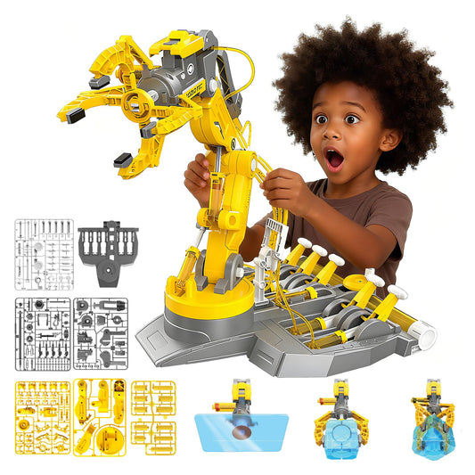 SMILESSKIDDO hydraulic robot arm in assembly for hands-on STEM exploration