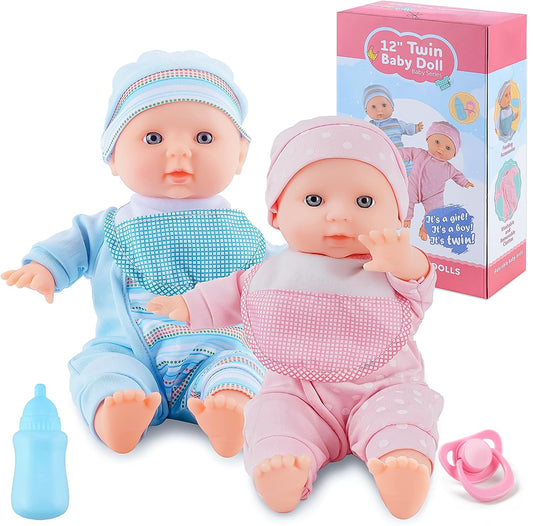 SMILESSKIDDO twin dolls wearing outfits and hats for imaginative dress-up play.