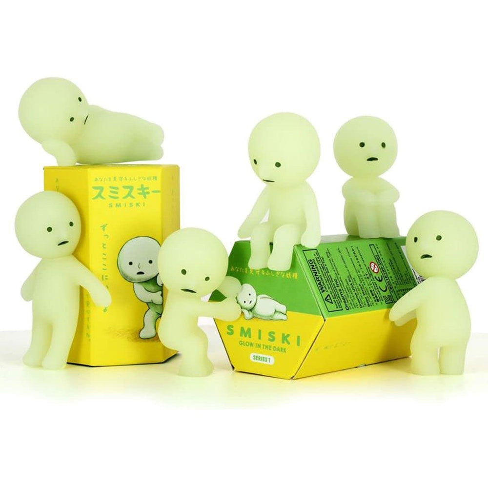 Smiski Series 1 random figure displayed on a shelf, perfect glow-in-the-dark collectible.