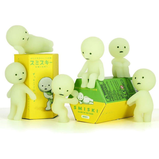 Smiski Series 1 random figure displayed on a shelf, perfect glow-in-the-dark collectible.