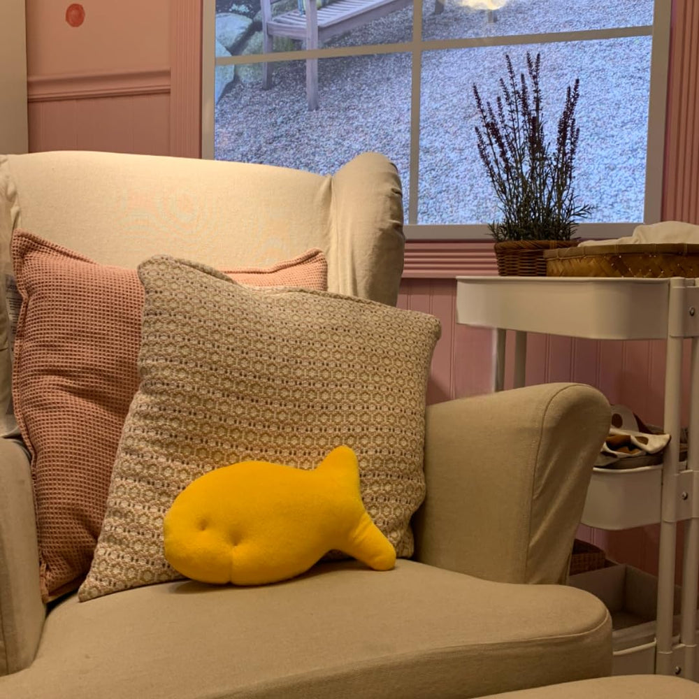 Snack Plushies cheddar-fish-plush-desktop-display brightens any desk or shelf.