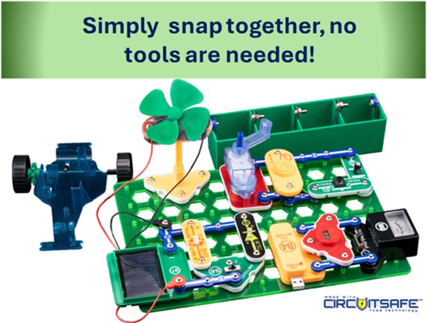 Snap Circuits light blocks illuminate LEDs for color-coded circuit builds.