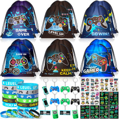 SNLN video game drawstring bags showcase bold graphics for easy party gift presentation.