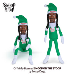 Snoop Dogg Snoop on the Stoop elf doll wearing a tilted Santa hat for playful holiday charm.