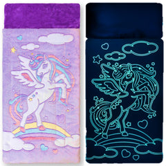 Snooze Bliss unicorn sleeping bag glow in the dark design lights up after short charge