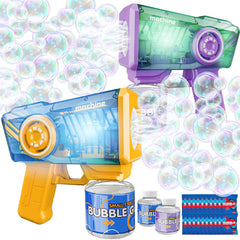 Snowalva Bubble Gun 2-Pack front view with LED lights for a kid-friendly bubble show.