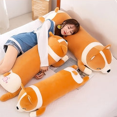 SNOWOLF Shiba Inu plush in car seat scene shows travel-friendly cuddliness.