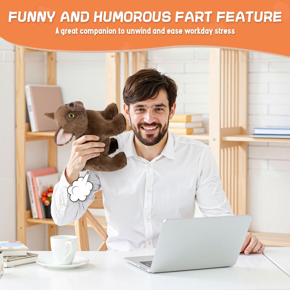 SnugBibble farting dog plush party-scene shows prank-friendly decor.