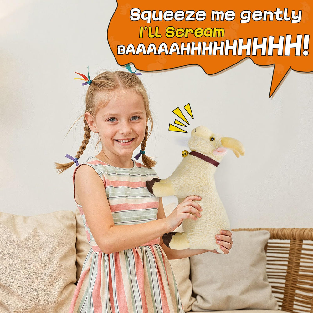 SnugBibble Screaming Goat Plush on desk display highlighting cozy decor use.