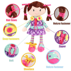 Sugar Snap doll buttoning activity promotes hand-eye coordination with Snuggle Stuffs