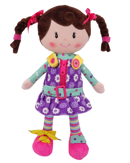 Sugar Snap doll zipper practice helps toddlers build fine motor skills by Snuggle Stuffs