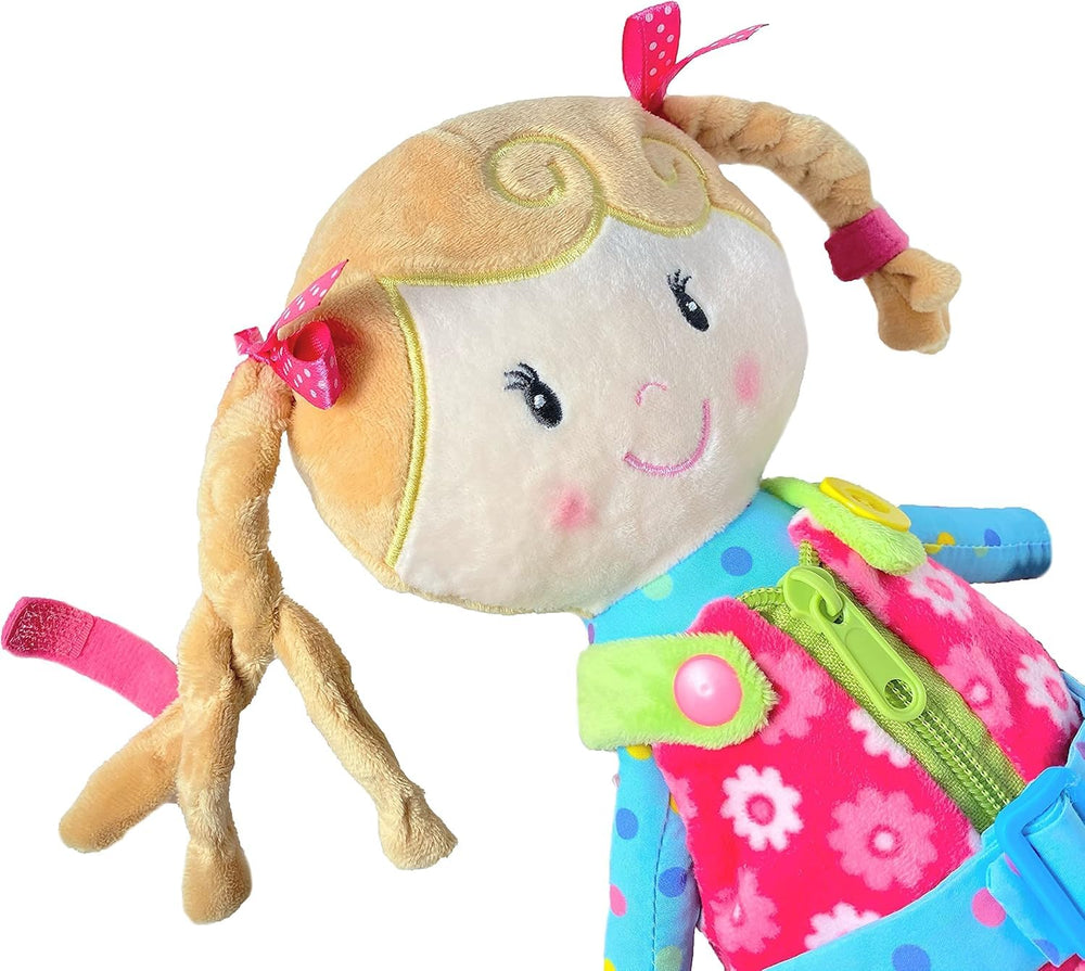 Rainbow-colored Sugar Snap plush hair bow helps kids practice tying accessories