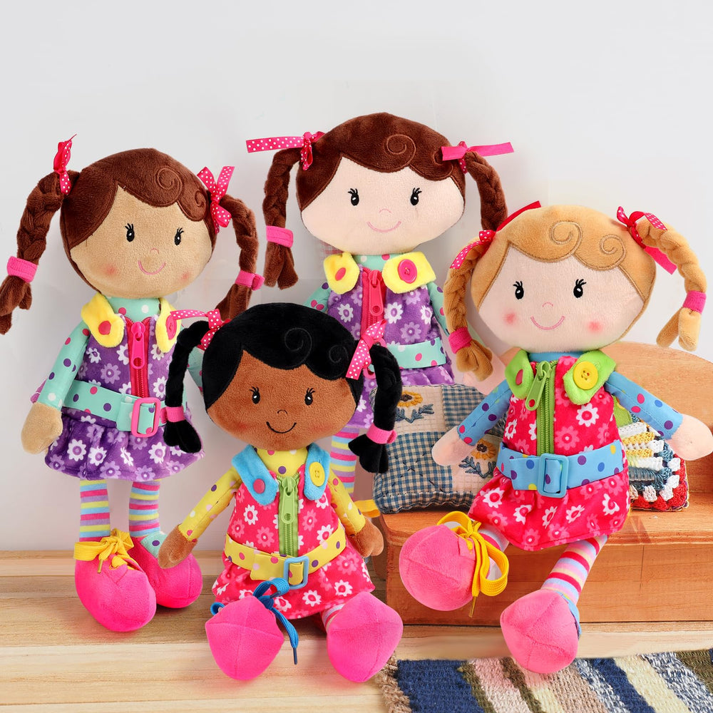 Bright rainbow Sugar Snap plush dress highlights dressing activities for toddlers