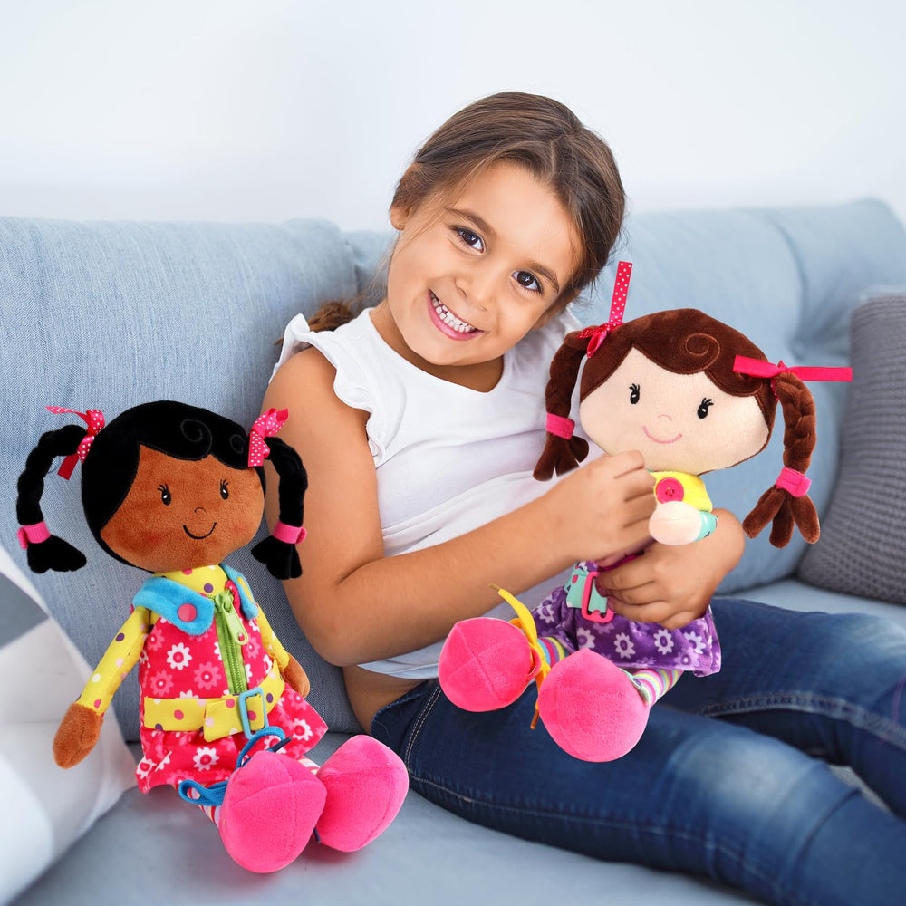 Sugar Snap plush features velcro buckle for pretend shoes and fine motor play