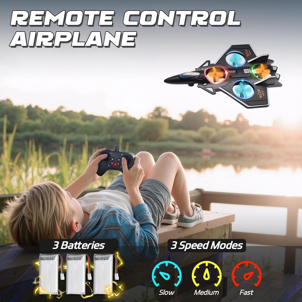 Snugzy Foam RC Plane with colorful LEDs for night flight visibility.