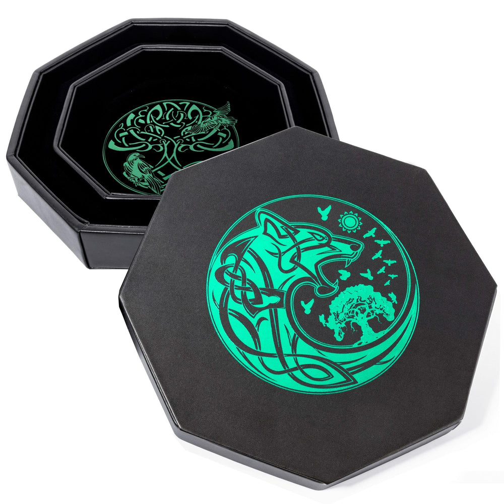 Soar Forge DND Dice Tray 9-inch emerald-green World Tree lid for safe rolling and dice protection.