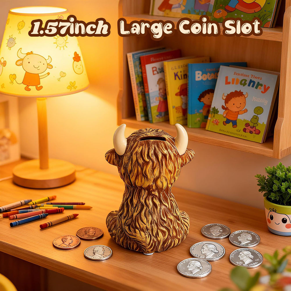 SOBEIT Highland Cow piggy bank textured ceramic finish, tactile rustic charm.