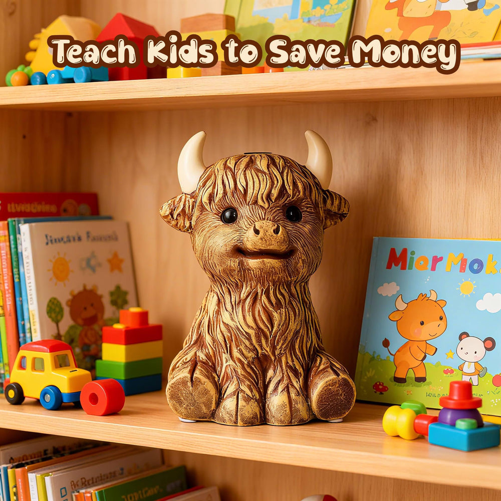 SOBEIT Highland Cow piggy bank top slot, easy coin insertion for kids.