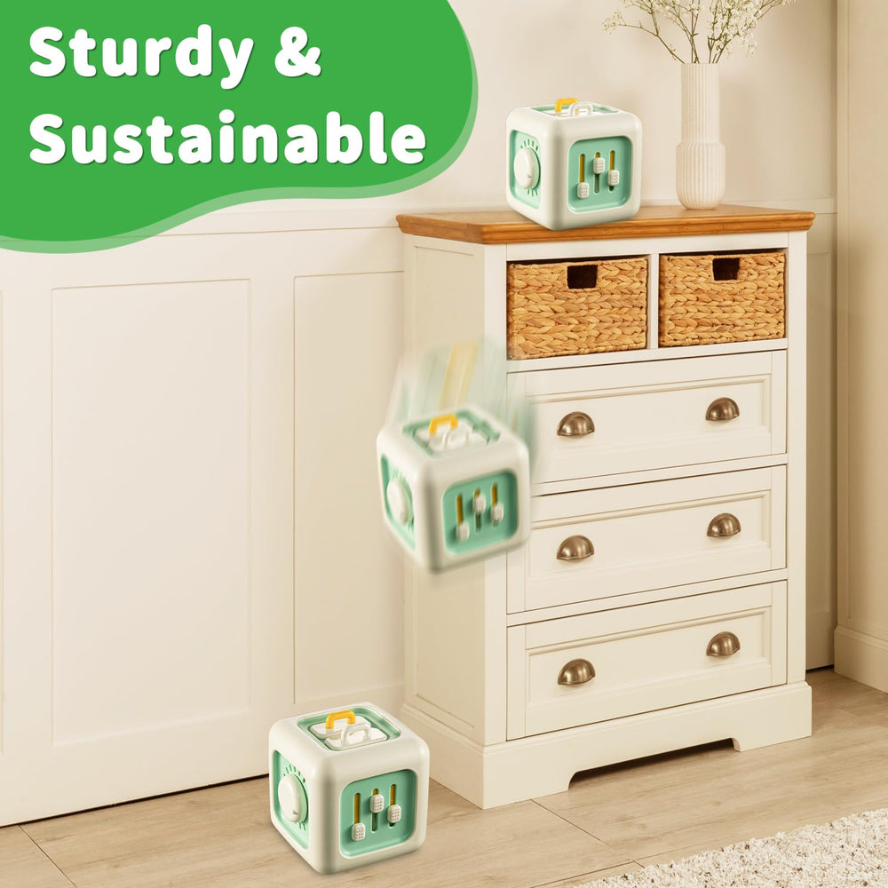 SOCBTNSO Busy Cube Toy features safe, BPA-free construction with rounded edges for little hands.