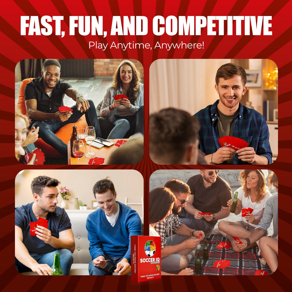 SOCCER IQ banter and challenge cards spark friendly competition during play.