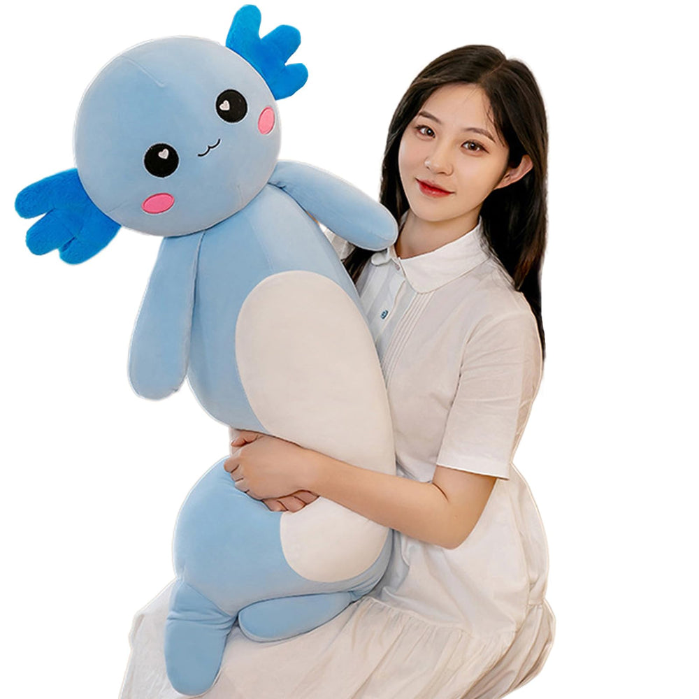 Somao long axolotl plush pillow in blue for cozy bedtime comfort.