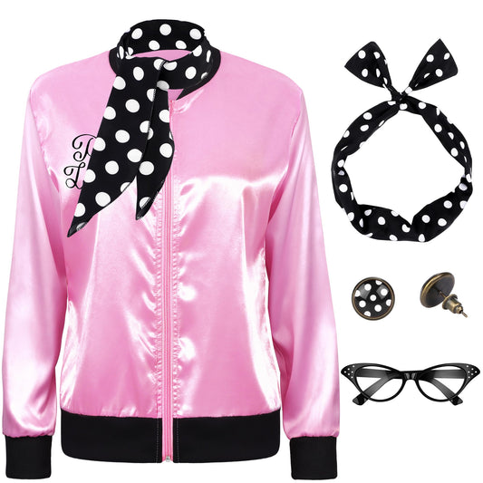 SOMSOC 1950s pink satin jacket close-up highlighting soft, glossy fabric for a retro glam look.