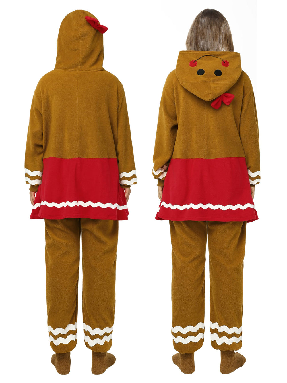 SOMSOC gingerbread onesie applique details highlighting playful costume elements.