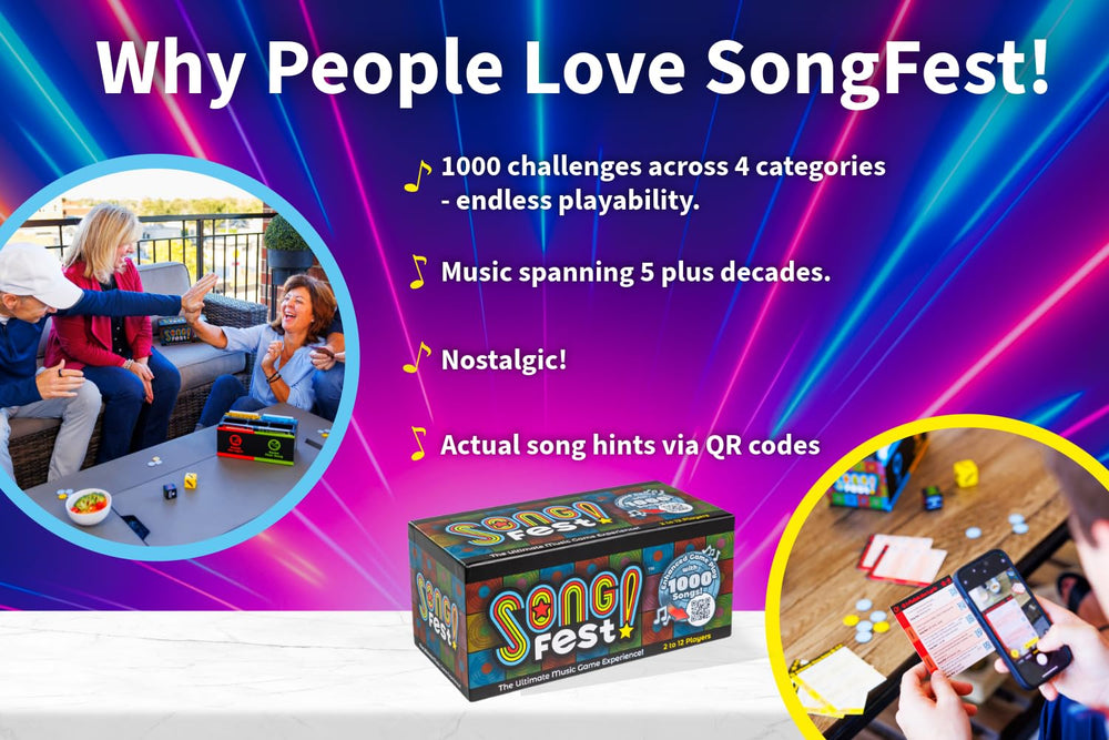 SongFest family game night photo illustrating 2-12 players having fun.